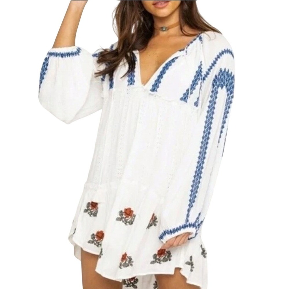 Free People White Wild Horses Dress L Embroidered Tassel Tie Boho Mini Tunic
